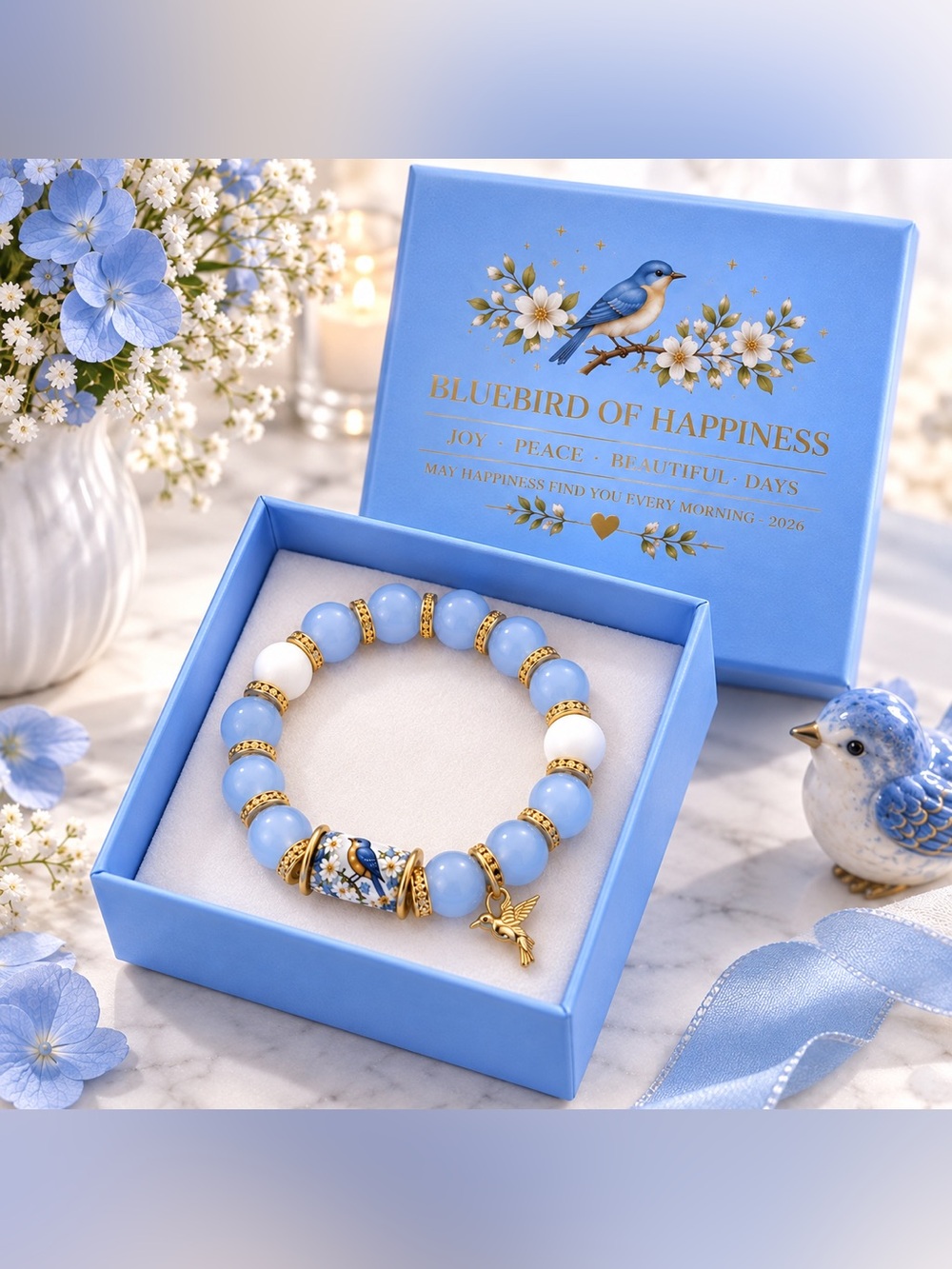 Bluebird Charm Beaded Bracelet - Blue & White -